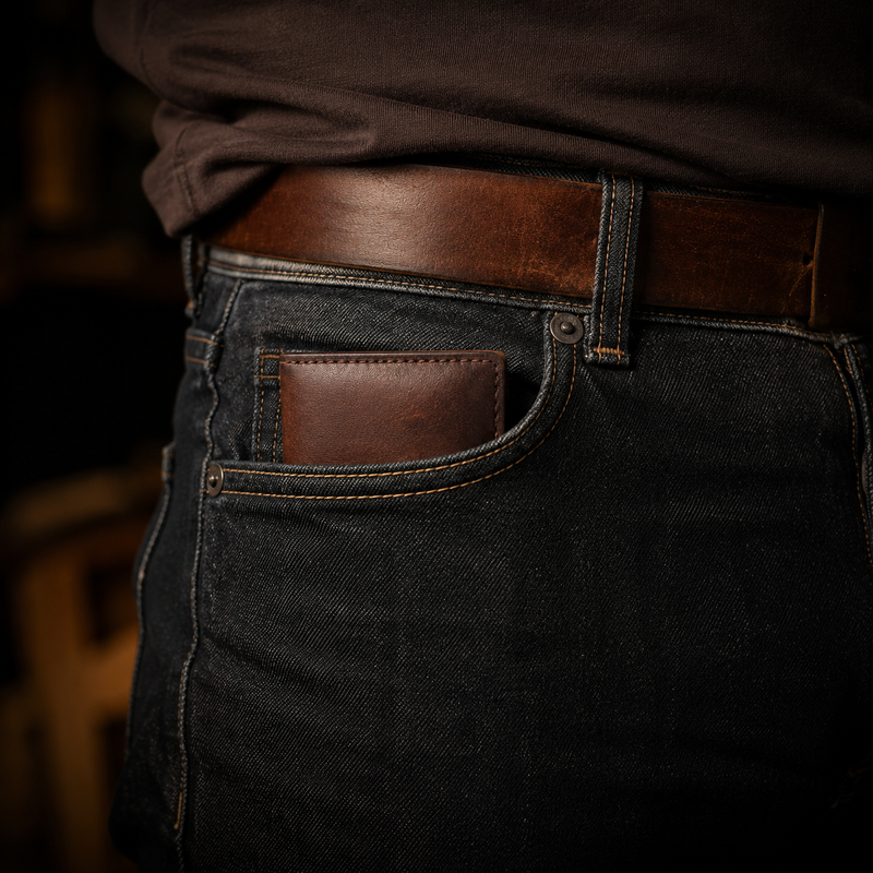 Slim minimalist leather wallet barely visible in front pocket of dark jeans — Bull Sheath Leather