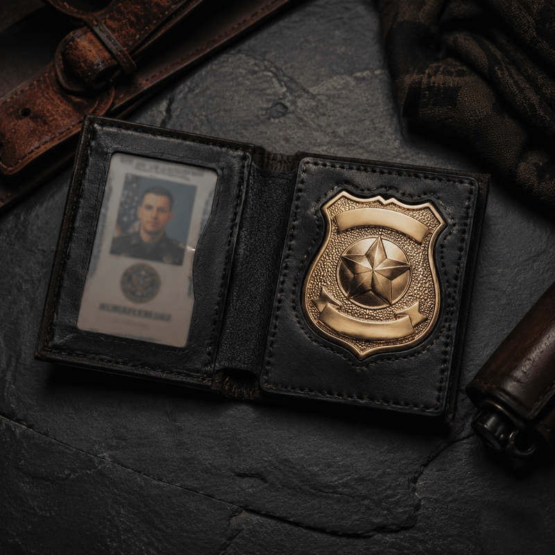 Open black leather police badge wallet showing gold shield badge and credential ID — Bull Sheath Leather