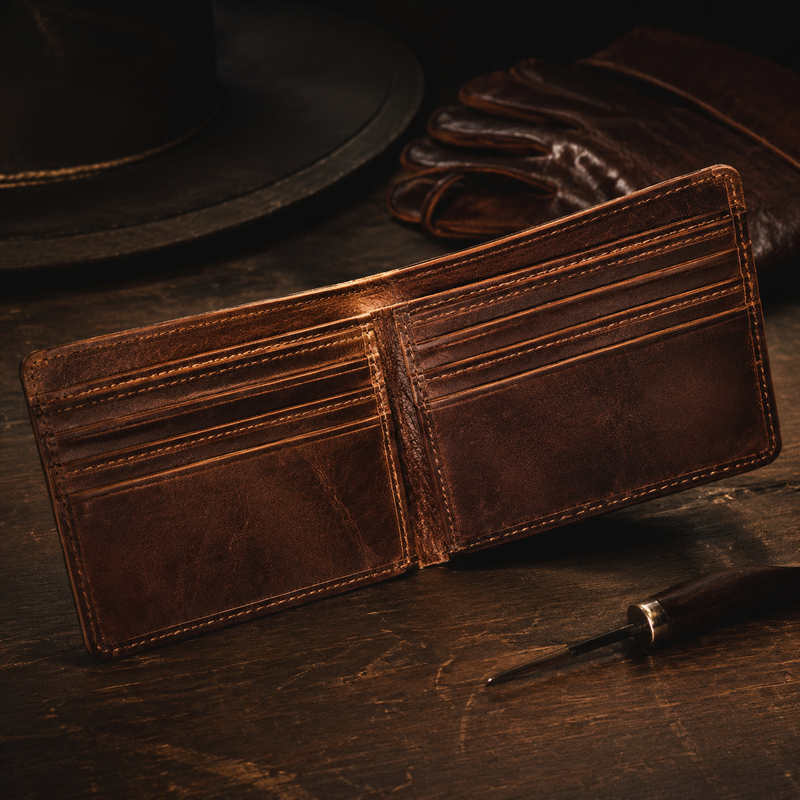 Long leather bifold wallet open showing card slots and bill compartment — Bull Sheath Leather