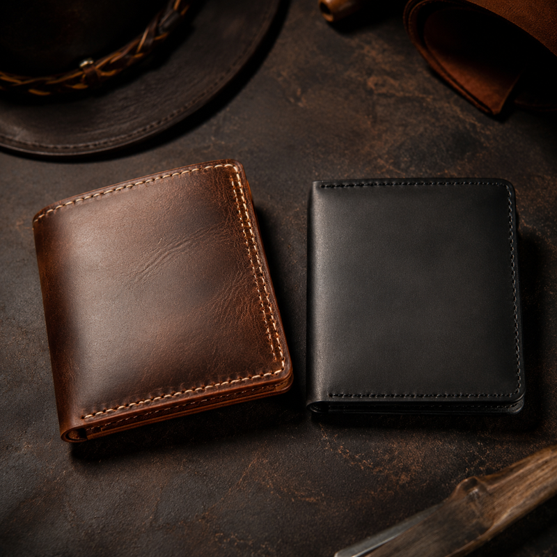Handmade full-grain leather bifold wallet next to mass-produced wallet — Bull Sheath Leather