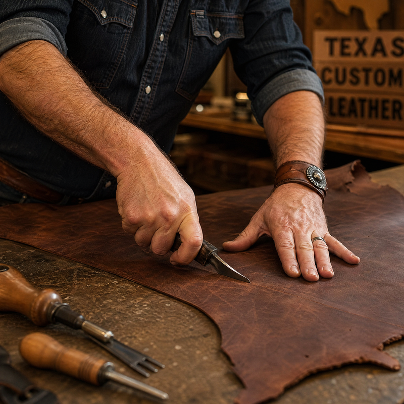 Craftsman cutting full-grain leather at Texas workshop bench — Bull Sheath Leather