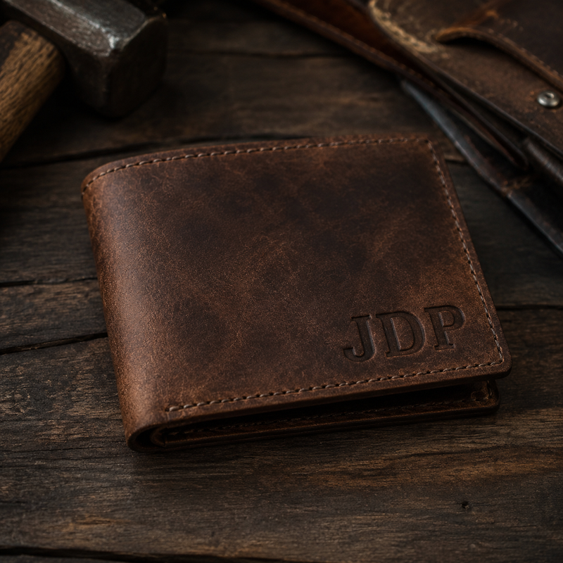 Brown leather bifold wallet with laser engraved custom initials on exterior — Bull Sheath Leather