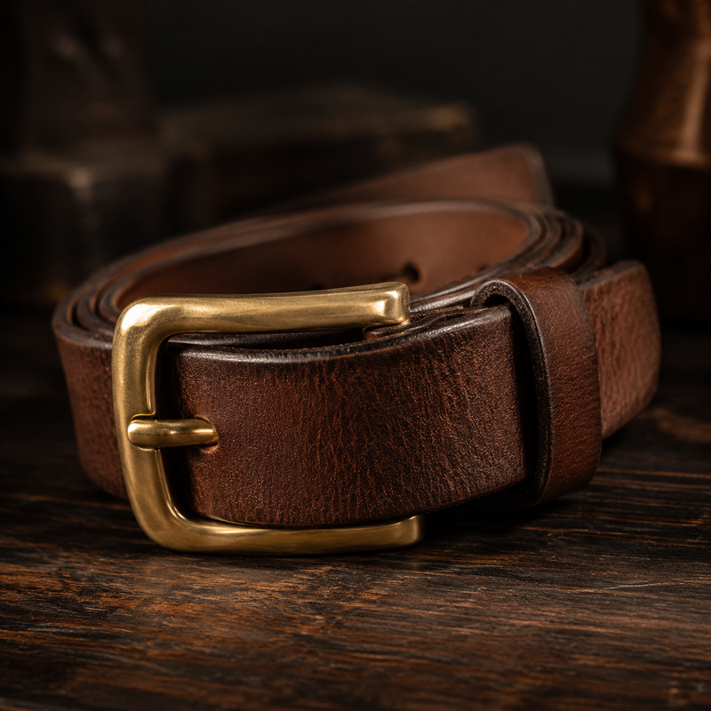 Full-grain brown leather men's belt coiled on dark wood surface showing natural grain — Bull Sheath Leather