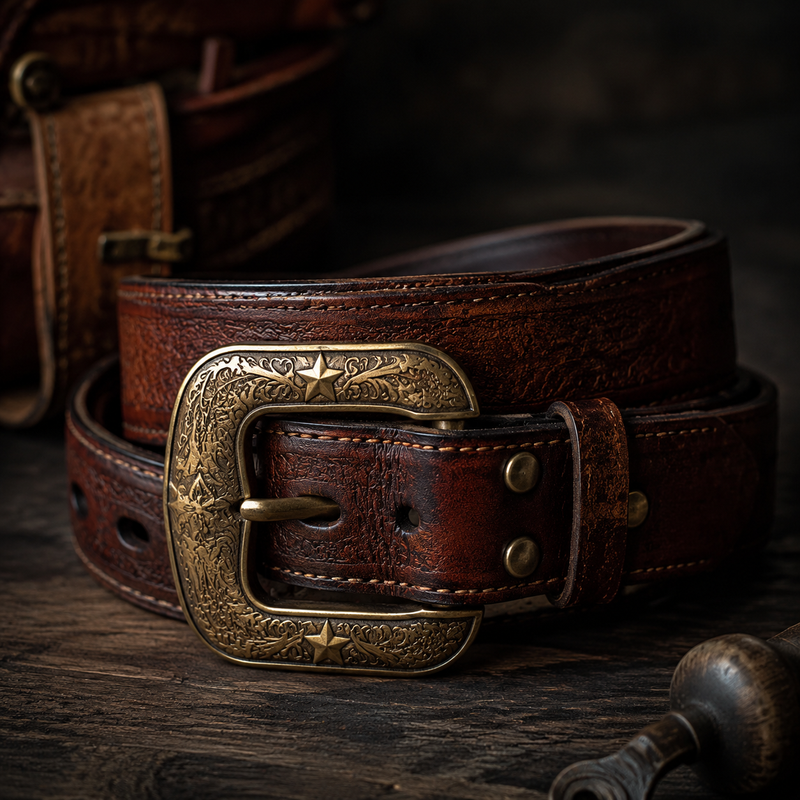 Wide full-grain western leather belt coiled on dark wood surface showing natural grain and warm patina — Bull Sheath Leather