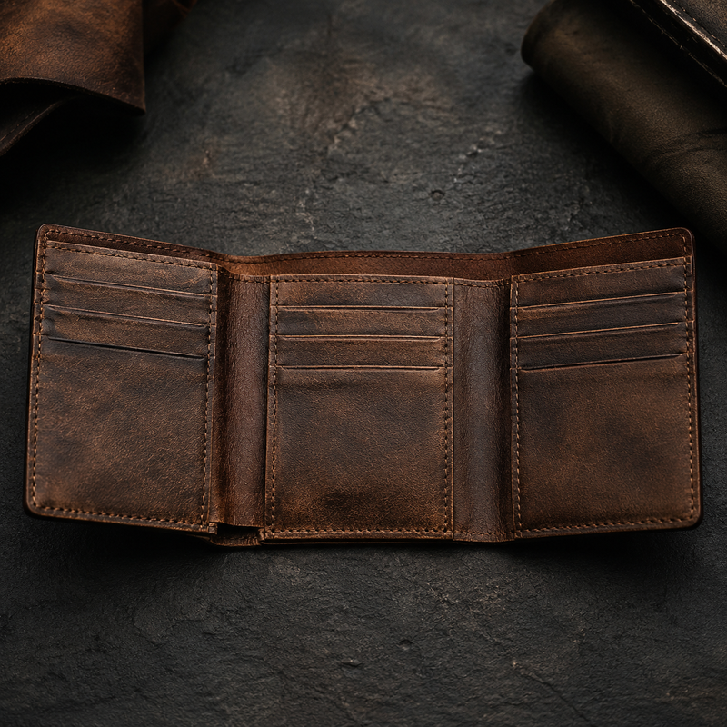 Open trifold leather wallet showing three panels, card slots and bill compartment — Bull Sheath Leather