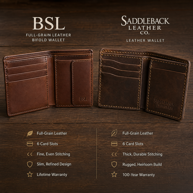 Two premium full-grain leather wallets compared side by side — American leather brands