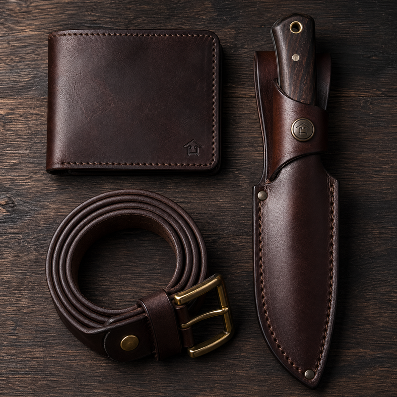 Complete men's leather EDC kit flat lay — wallet, belt, knife sheath on dark wood