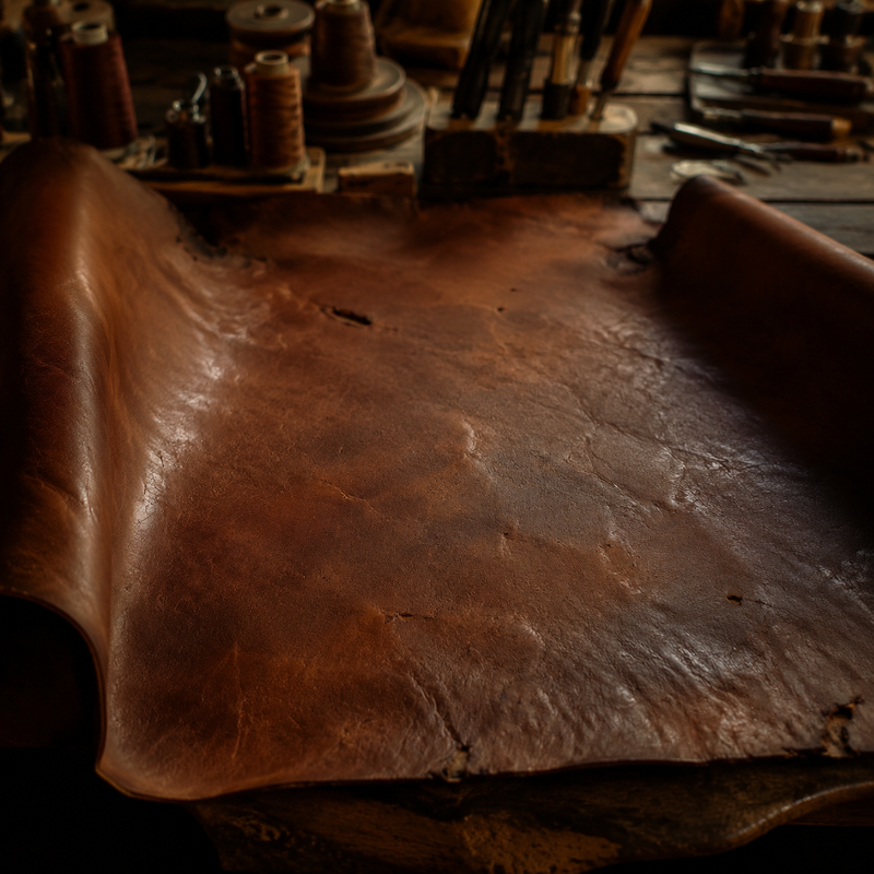 Full-grain leather hides laid flat in a Texas craftsman workshop — Bull Sheath Leather