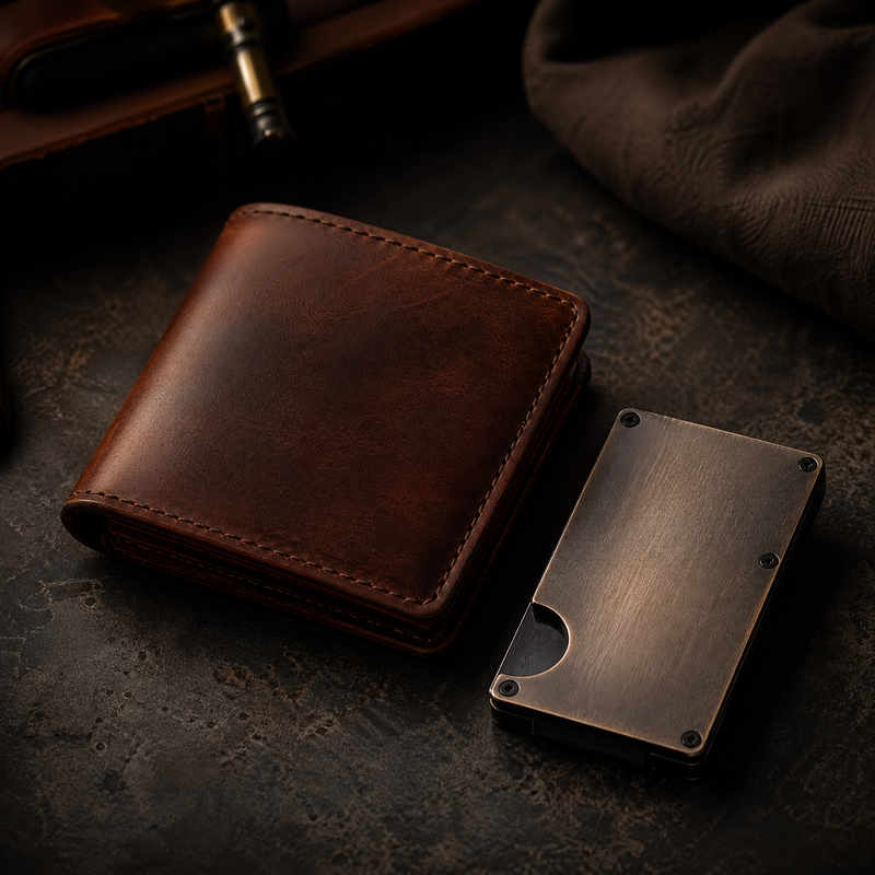 Full-grain leather wallet vs metal card holder comparison — Bull Sheath Leather
