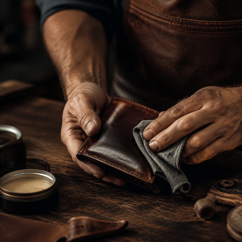 Hands cleaning a brown full-grain leather wallet with soft cloth — Bull Sheath Leather