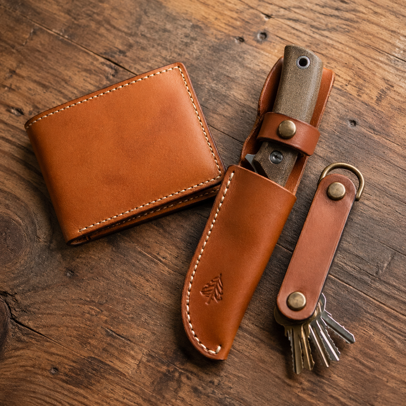 Men's leather EDC setup flat lay — wallet knife sheath keys on wooden surface