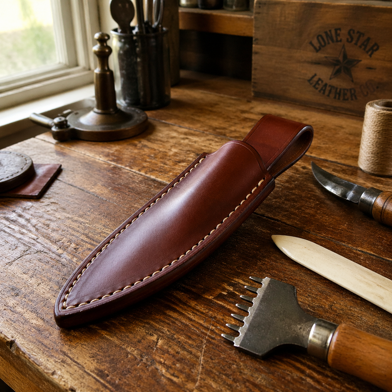 Full-grain leather knife sheath on craftsman workbench — Bull Sheath Leather Texas