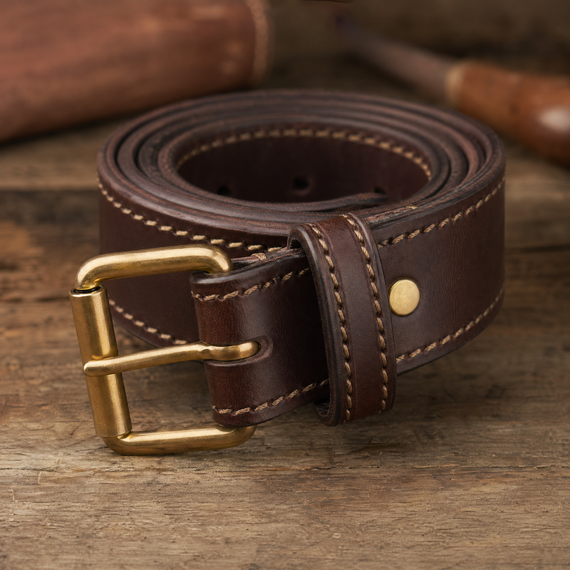 Full-grain leather belt coiled on wood with brass roller buckle and saddle stitching