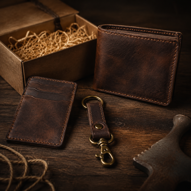 Curated collection of leather gifts for men including bifold wallet, keychain, and card holder — Bull Sheath Leather