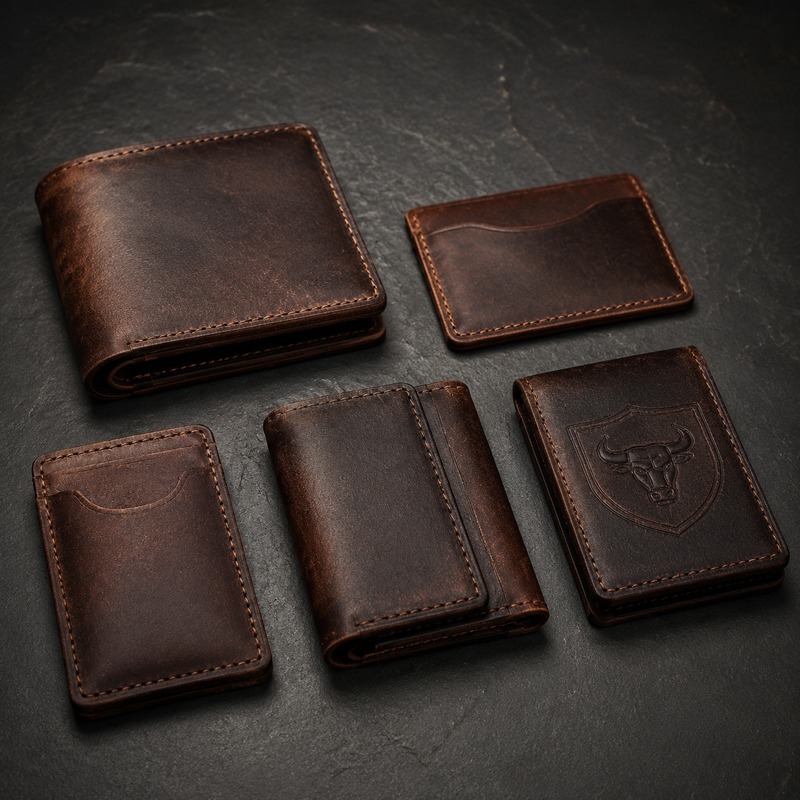 Flat lay of five different leather wallet styles on dark slate showing bifold, slim, front pocket, trifold, and badge wallet options — Bull Sheath Leather
