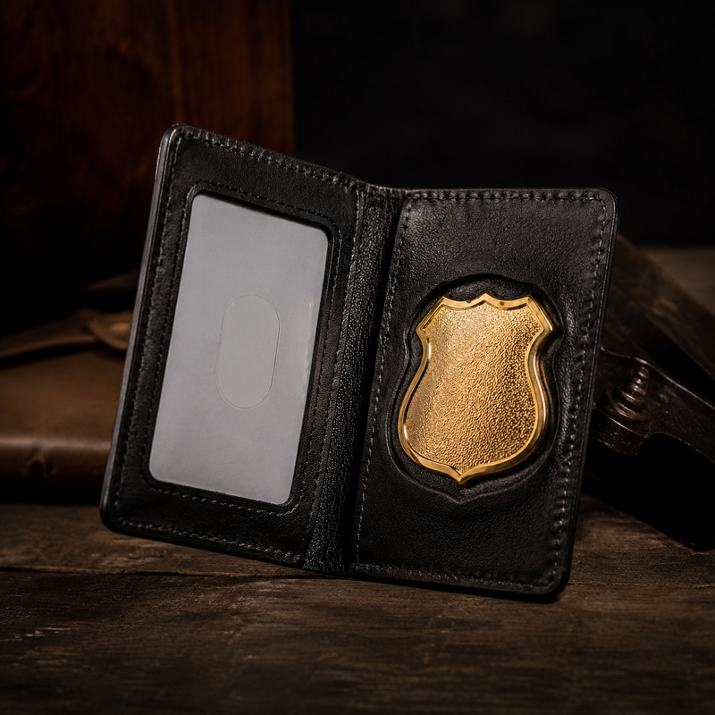 Federal agent badge wallet open showing gold badge and ID credential — Bull Sheath Leather