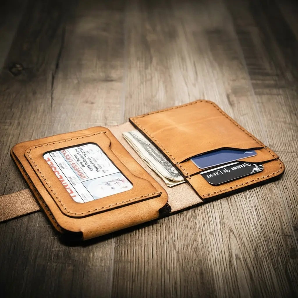 Badge Vertical Wallet Saddle Tan - Side Profile - Bull Sheath Leather