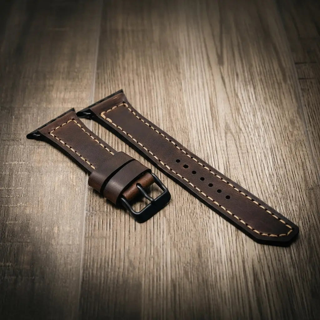 Apple Watch leather band in full-grain brown leather with tan stitching and buckle.