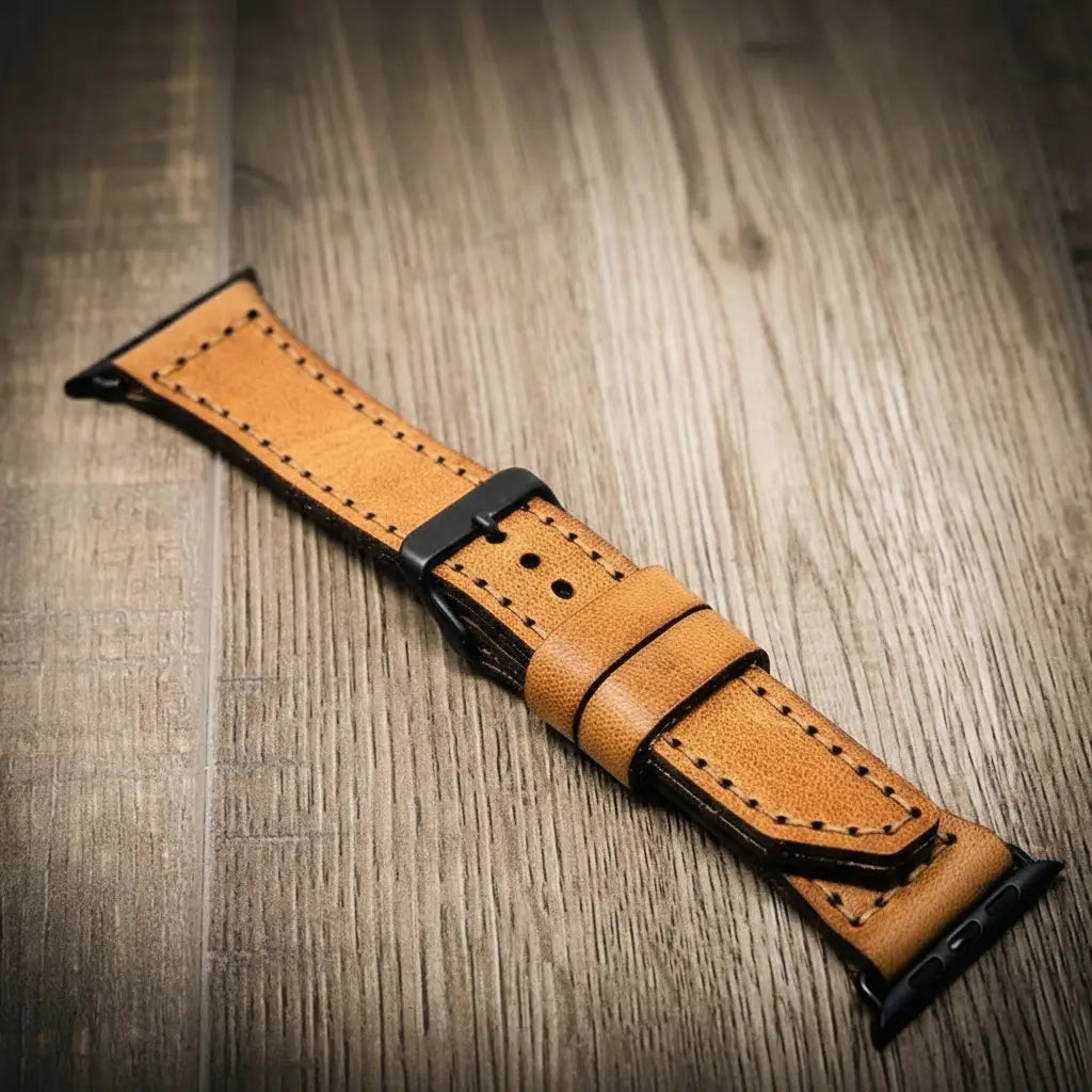Premium tan full-grain leather Apple Watch band with black buckle on wood surface.