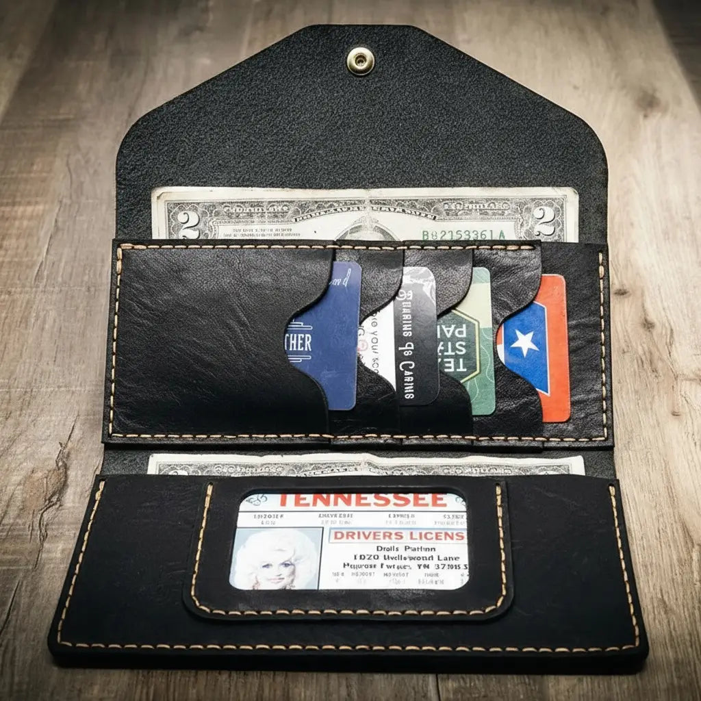 Black handmade leather clutch wallet with card slots and ID window, open on a wooden surface.
