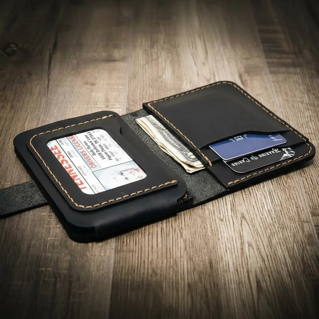 Badge Vertical Wallet Black - Side Profile - Bull Sheath Leather