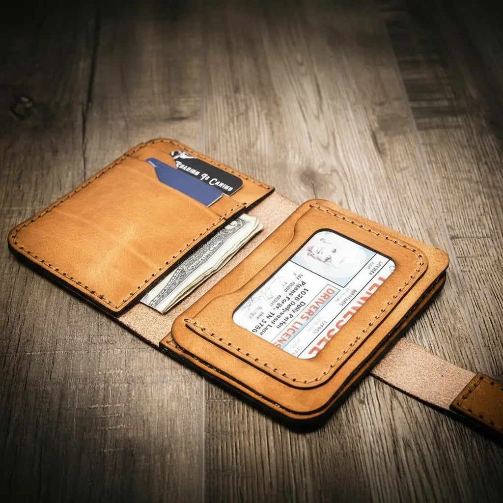 Badge Vertical Wallet Saddle Tan - Lifestyle View - Bull Sheath Leather
