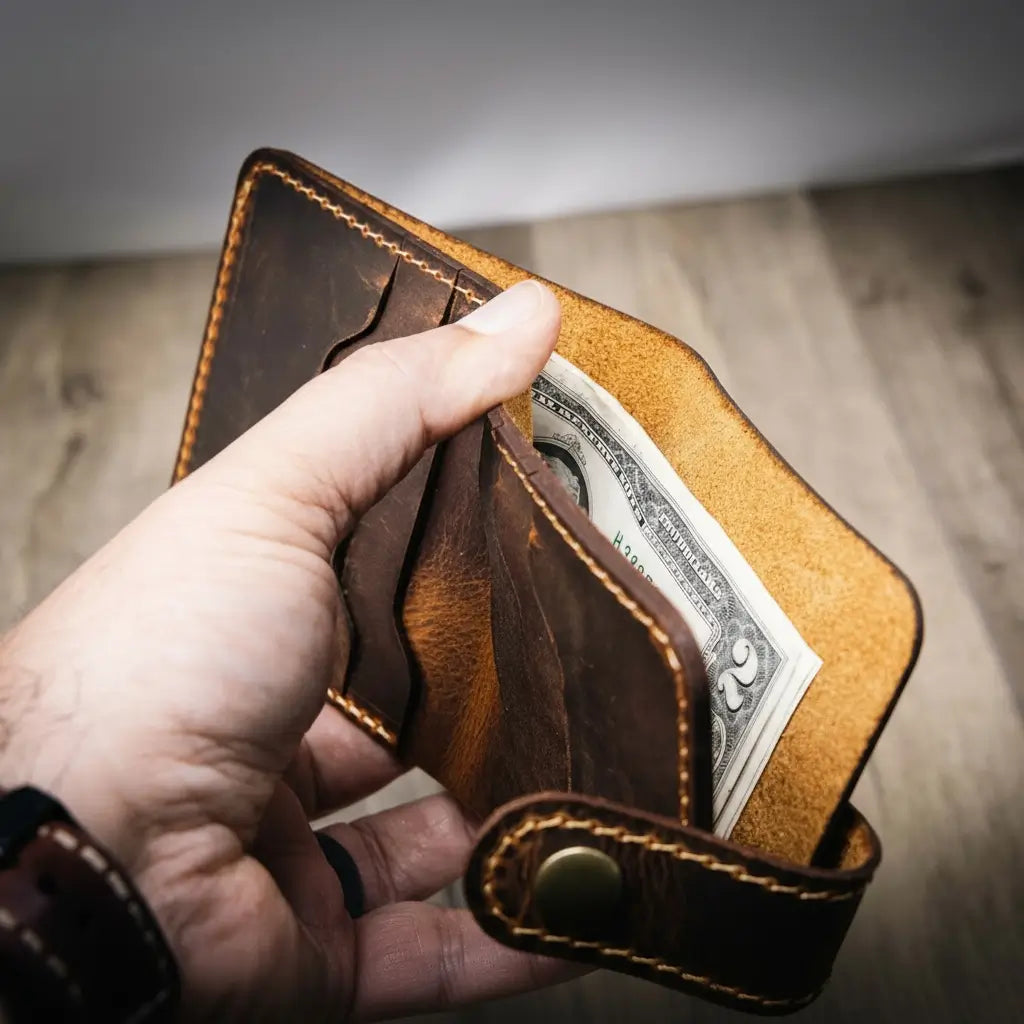 Glory Snap Bifold Wallet - Detail Shot - Bull Sheath Leather