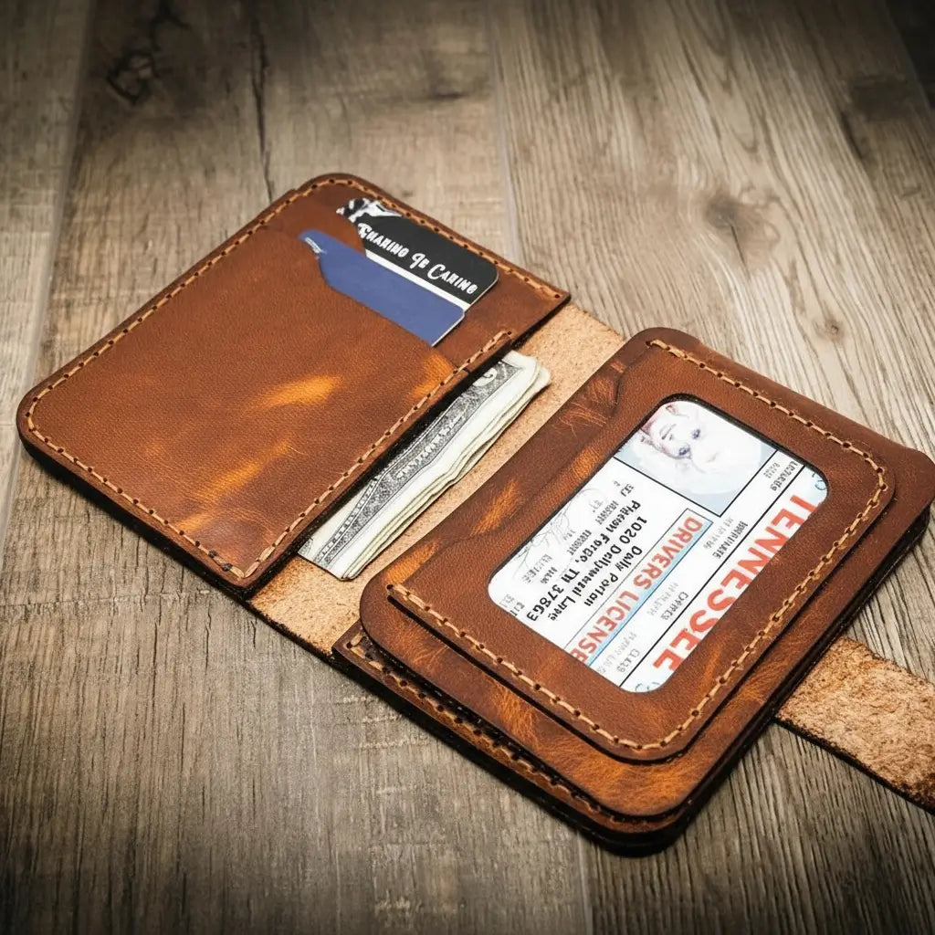 Badge Vertical Wallet Chestnut - Lifestyle View - Bull Sheath Leather