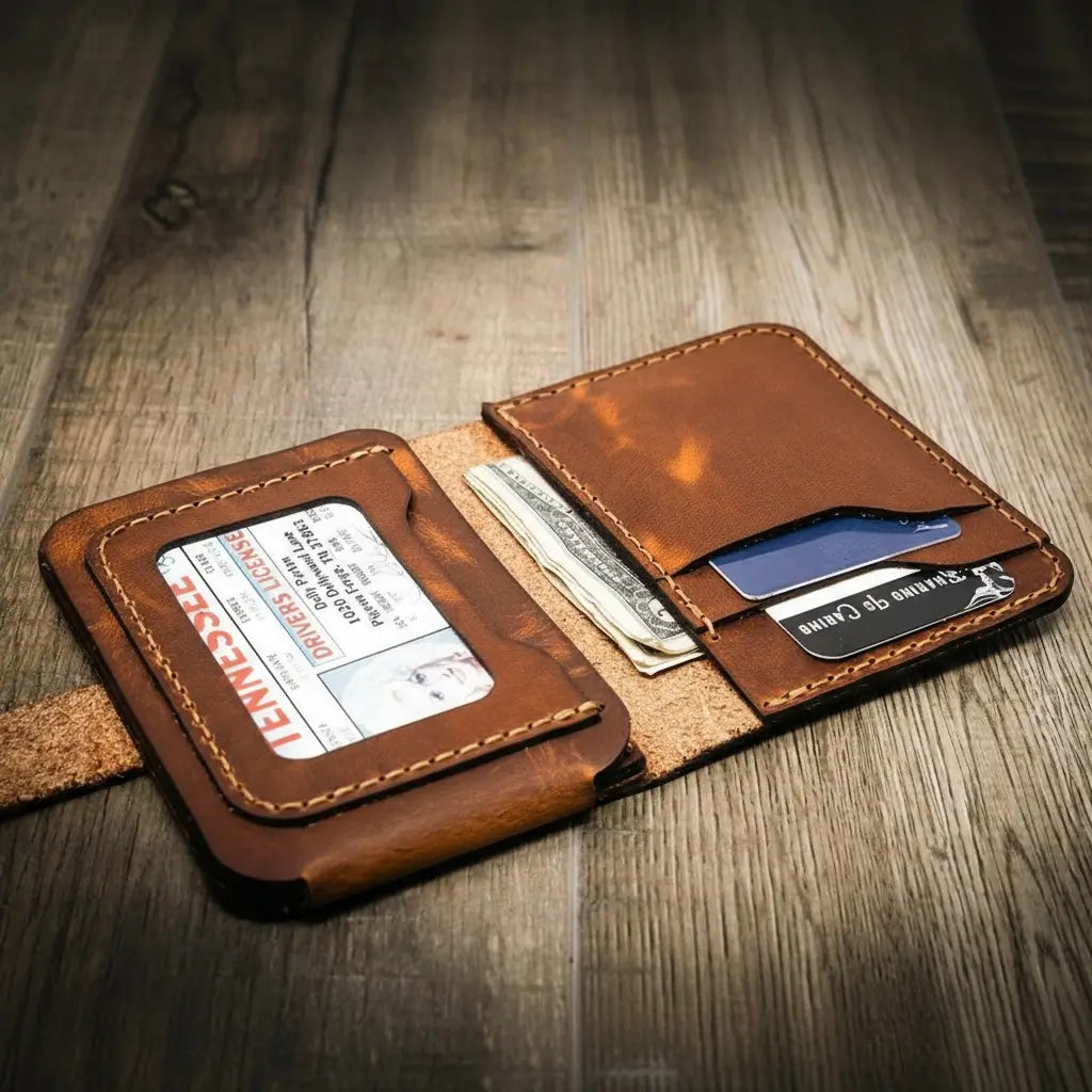 Badge Vertical Wallet Chestnut - Side Profile - Bull Sheath Leather
