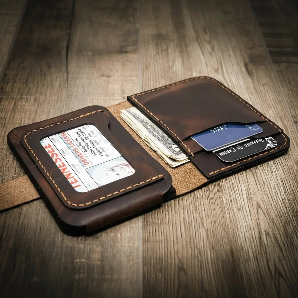 Badge Vertical Wallet Walnut - Side Profile - Bull Sheath Leather