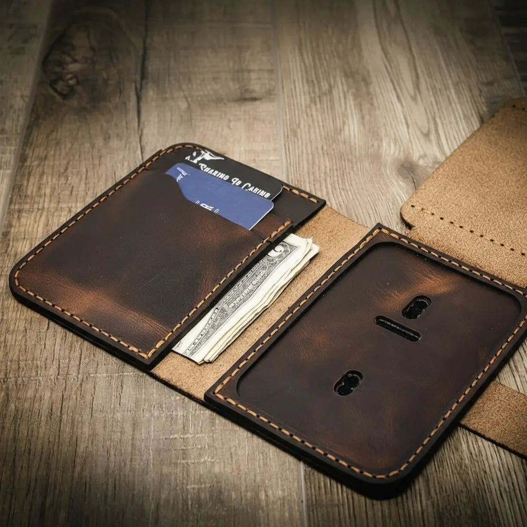 Badge Vertical Wallet Walnut - Lifestyle View - Bull Sheath Leather