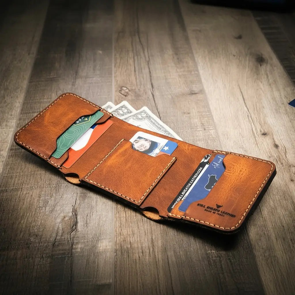 Trinity western trifold wallet in walnut brown leather, featuring multiple card slots and a cash compartment, displayed open with cards and cash inside.
