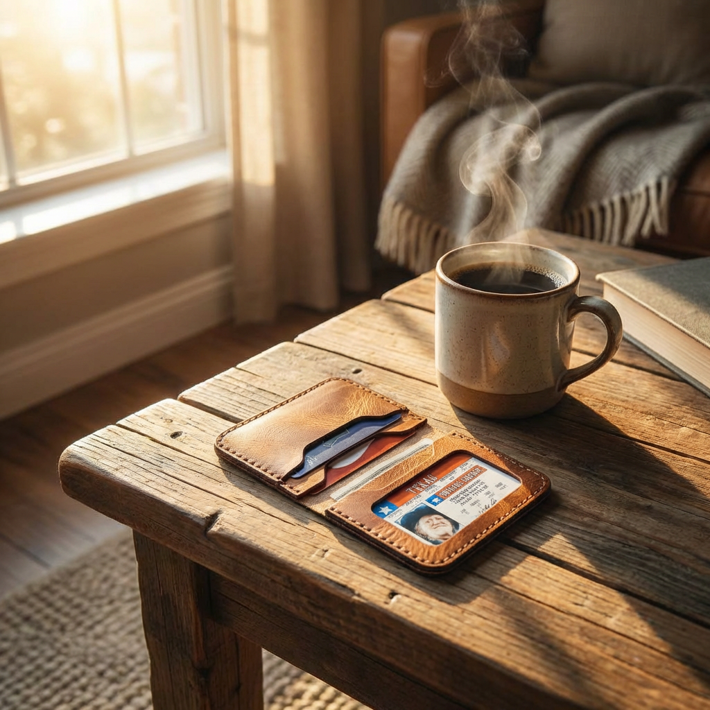 A full-grain leather wallet beside books and coffee, ready for the next chapter