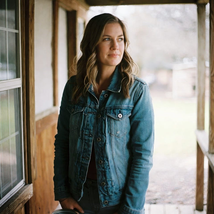 Casual porch photo of Rhiannon in denim western wear