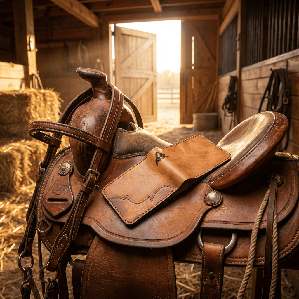 Western bifold wallet on a saddle for National Day of the Cowboy