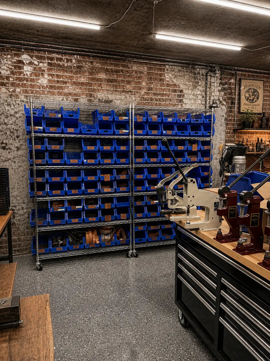 Organized parts bins on the workshop wall